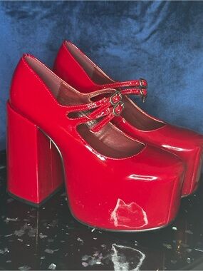 Bold Red Patent Platform Mary Janes with Double Straps